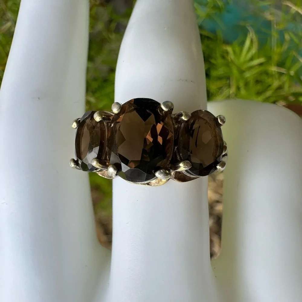 SETA  Accent Ring Size‎ 8 Triple Smoky Quartz Gems Gold Plated 925 Sterling 4.4g